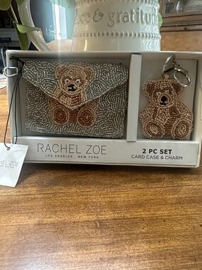 Rachel Zoe Silver Beaded Card Case with Beige Bear Charm